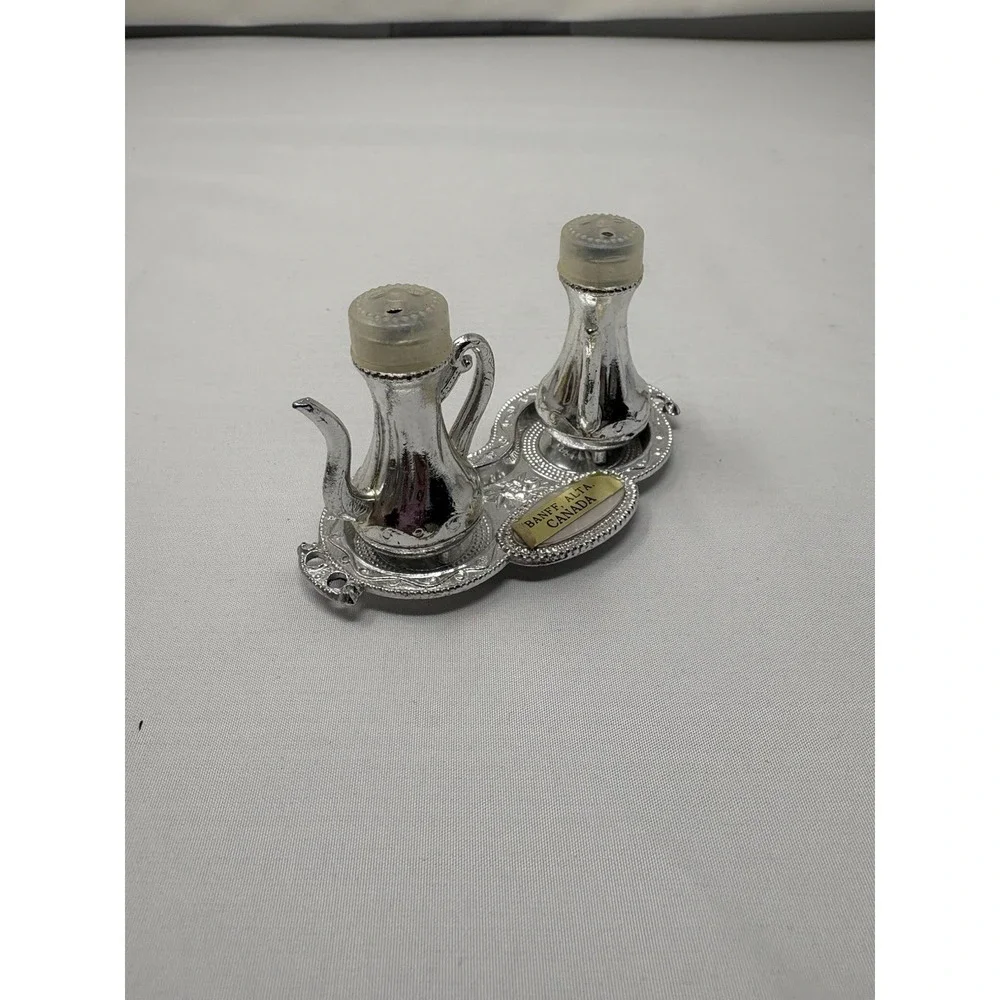 Vintage Silver Teapot Salt and Pepper Shakers with Tray Metal Canada MCM Travel